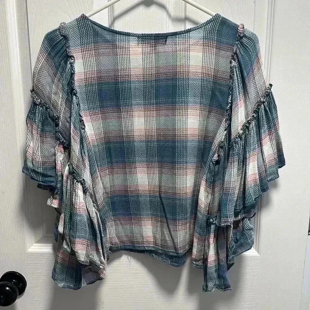 PETAL ROSE PINK AND BLUE PLAID FLOWING BELL SLEEVE SLIGHTLY CROPPED TOP - Picture 3 of 3